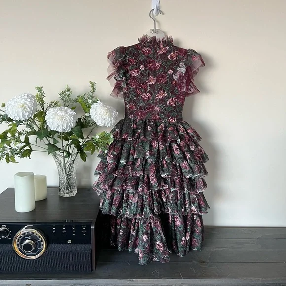 Green/burgundy day floral Mia Joy voluminous mini dress - Picture 5 of 11